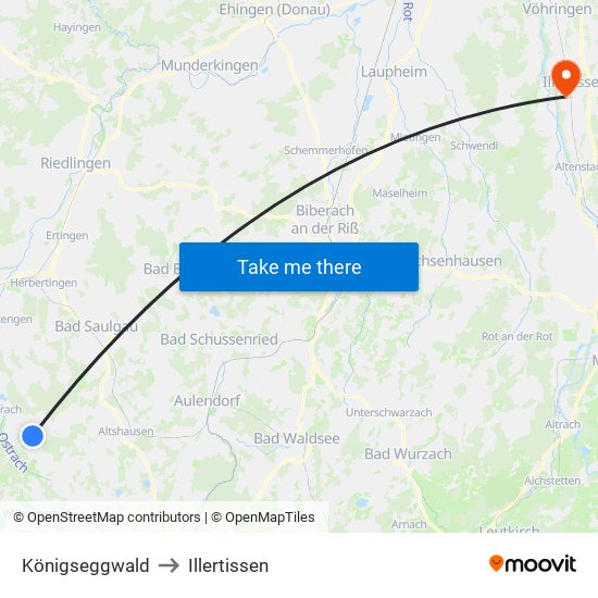 Königseggwald to Illertissen map