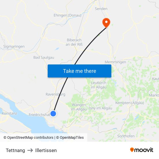 Tettnang to Illertissen map