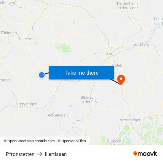 Pfronstetten to Illertissen map