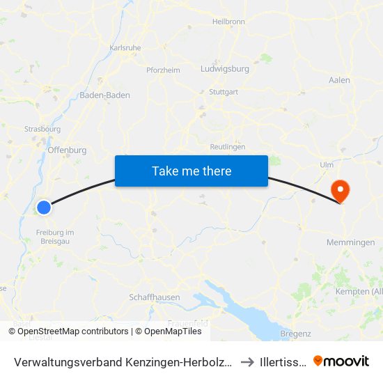 Verwaltungsverband Kenzingen-Herbolzheim to Illertissen map