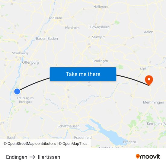 Endingen to Illertissen map