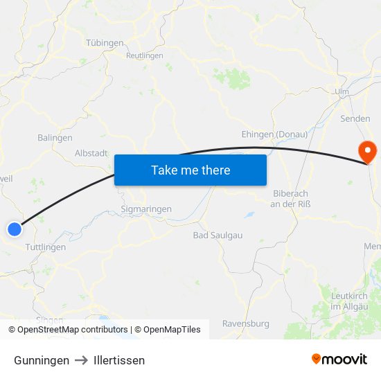 Gunningen to Illertissen map