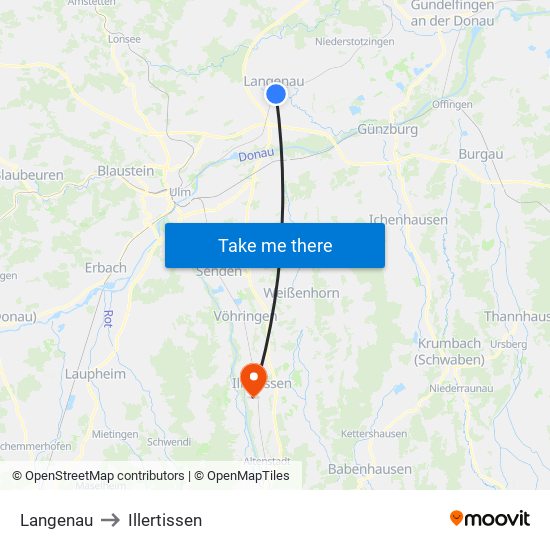 Langenau to Illertissen map