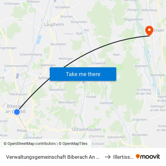 Verwaltungsgemeinschaft Biberach An Der Riß to Illertissen map