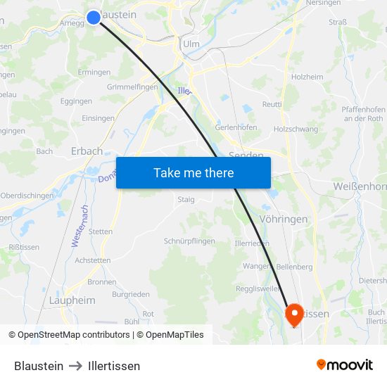Blaustein to Illertissen map