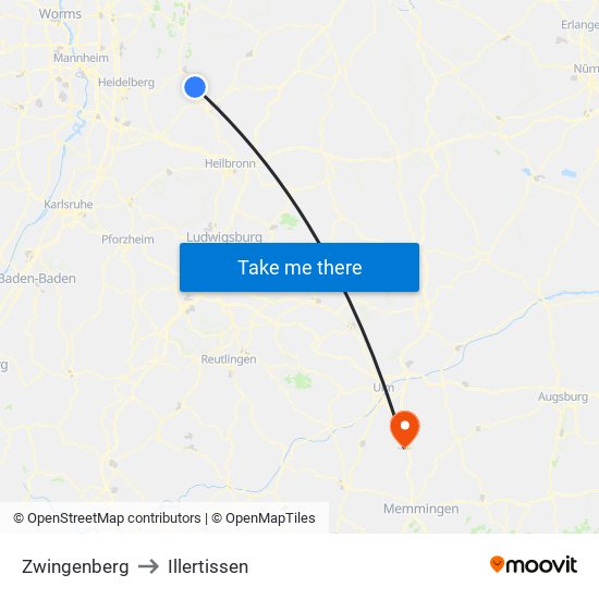 Zwingenberg to Illertissen map