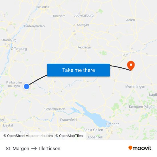 St. Märgen to Illertissen map