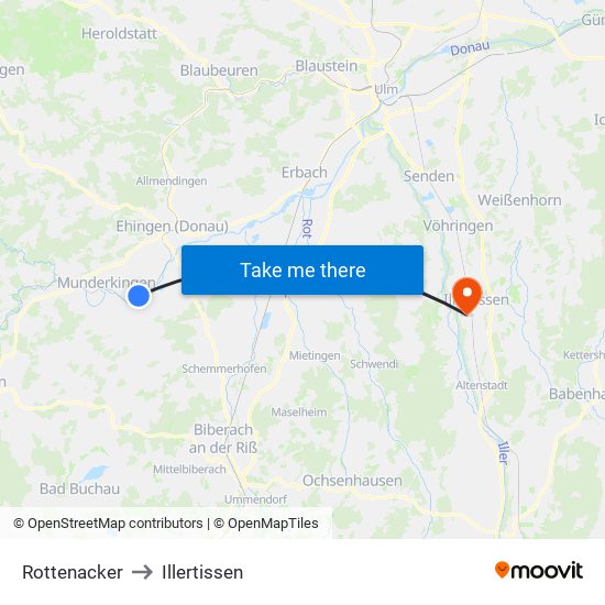 Rottenacker to Illertissen map