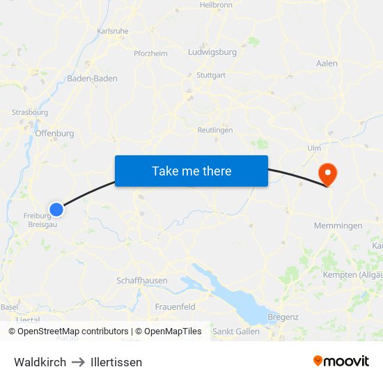 Waldkirch to Illertissen map