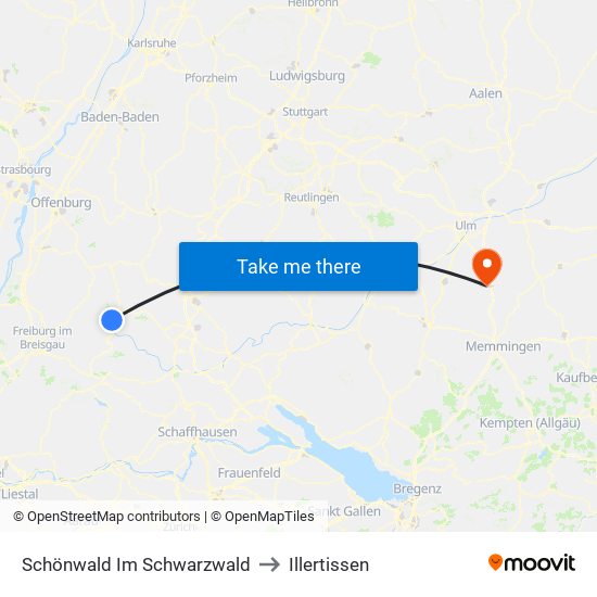 Schönwald Im Schwarzwald to Illertissen map