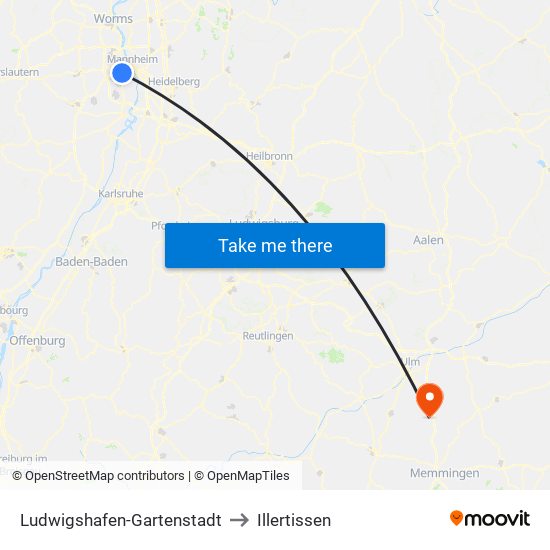 Ludwigshafen-Gartenstadt to Illertissen map