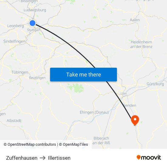Zuffenhausen to Illertissen map