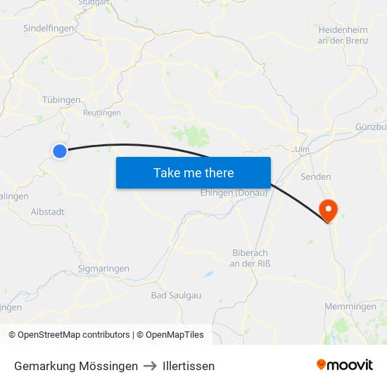 Gemarkung Mössingen to Illertissen map