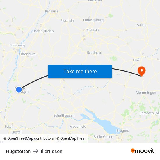 Hugstetten to Illertissen map