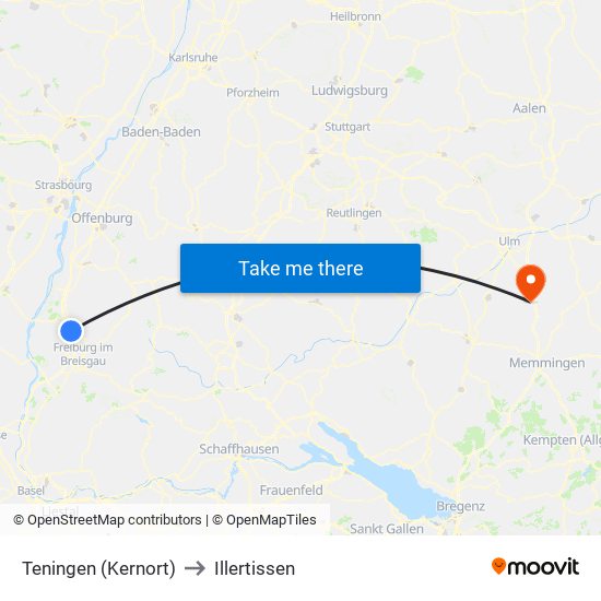 Teningen (Kernort) to Illertissen map