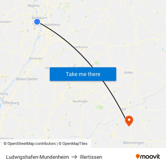 Ludwigshafen-Mundenheim to Illertissen map
