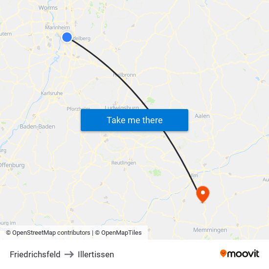 Friedrichsfeld to Illertissen map