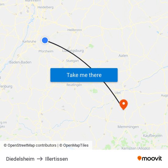 Diedelsheim to Illertissen map