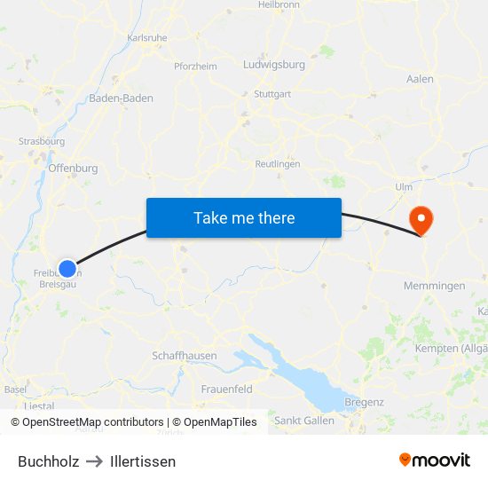 Buchholz to Illertissen map