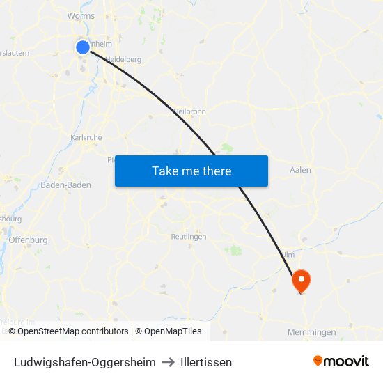 Ludwigshafen-Oggersheim to Illertissen map