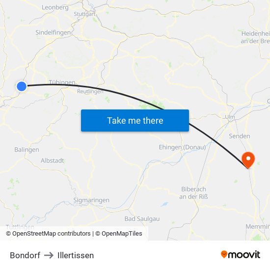 Bondorf to Illertissen map