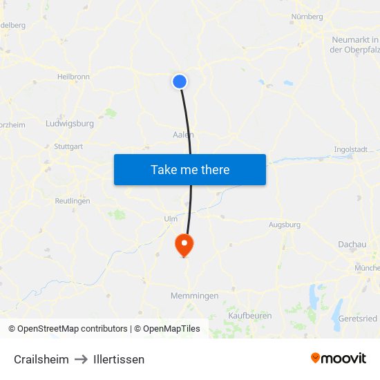 Crailsheim to Illertissen map