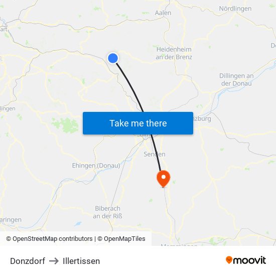 Donzdorf to Illertissen map
