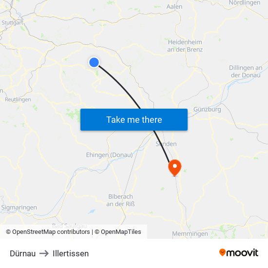 Dürnau to Illertissen map