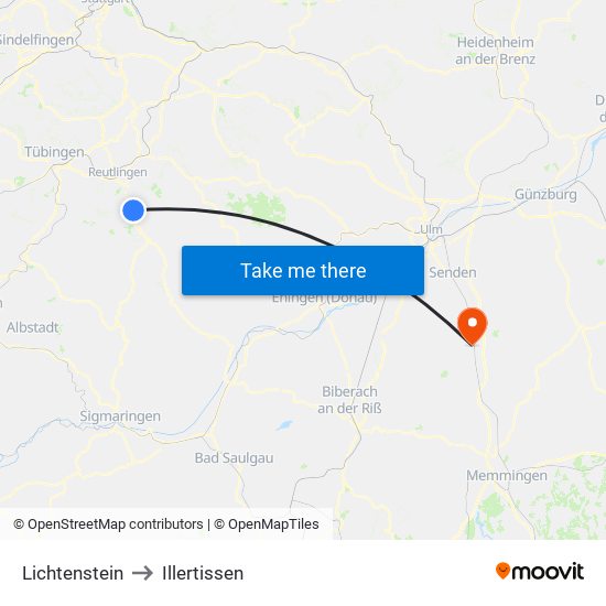 Lichtenstein to Illertissen map