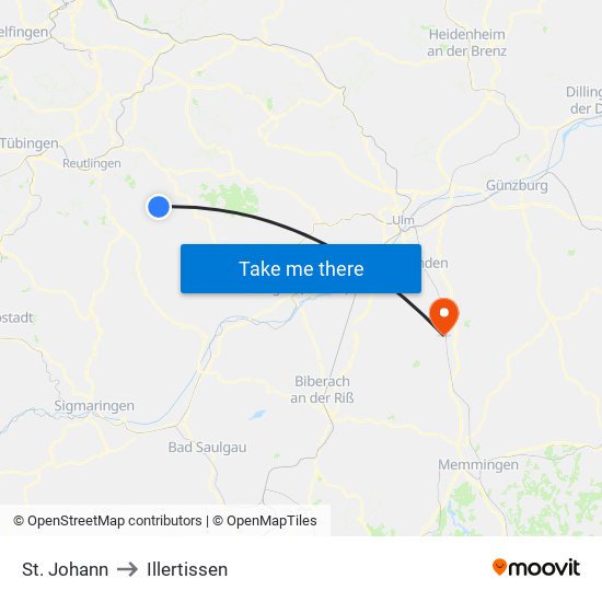 St. Johann to Illertissen map