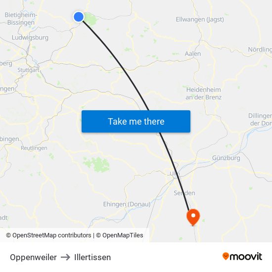 Oppenweiler to Illertissen map