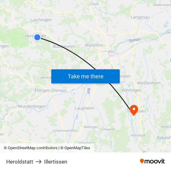 Heroldstatt to Illertissen map