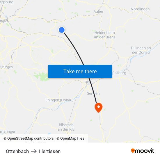 Ottenbach to Illertissen map