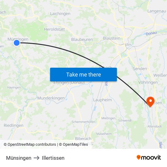 Münsingen to Illertissen map