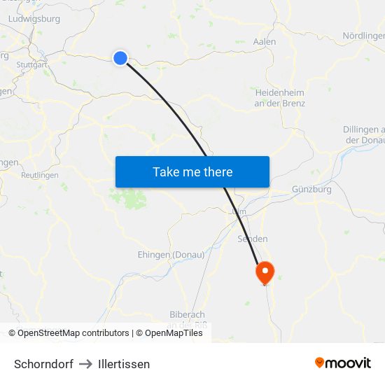 Schorndorf to Illertissen map