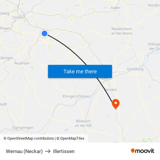 Wernau (Neckar) to Illertissen map