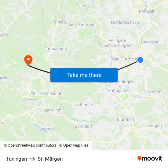 Tuningen to St. Märgen map