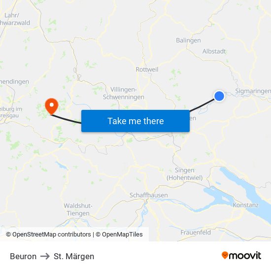 Beuron to St. Märgen map