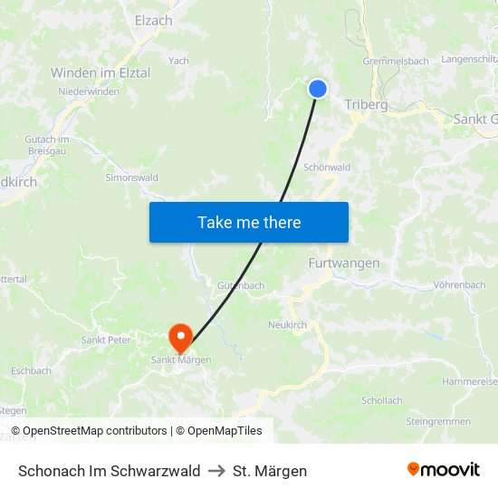 Schonach Im Schwarzwald to St. Märgen map