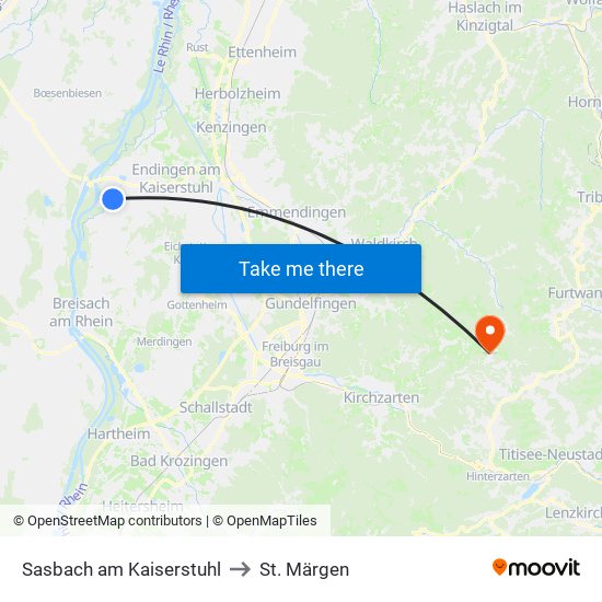 Sasbach am Kaiserstuhl to St. Märgen map