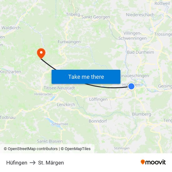 Hüfingen to St. Märgen map
