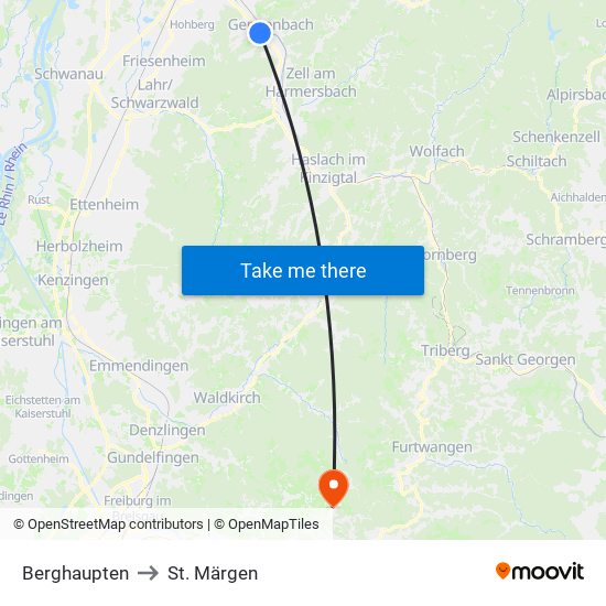 Berghaupten to St. Märgen map