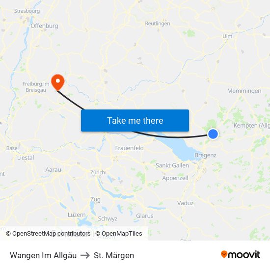 Wangen Im Allgäu to St. Märgen map