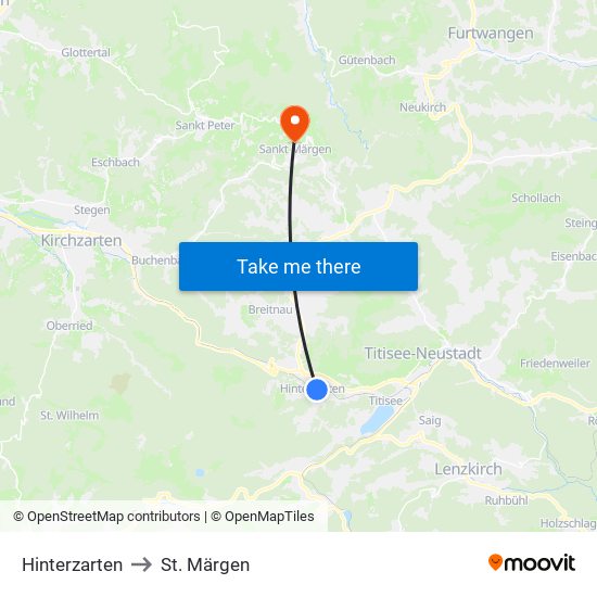 Hinterzarten to St. Märgen map