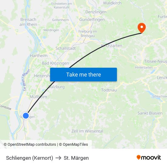 Schliengen (Kernort) to St. Märgen map