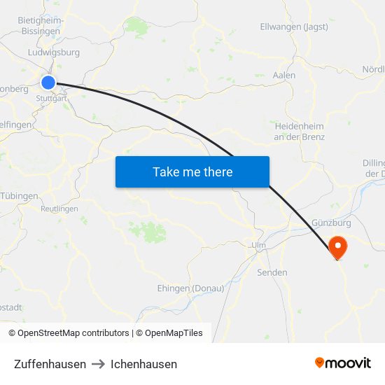 Zuffenhausen to Ichenhausen map