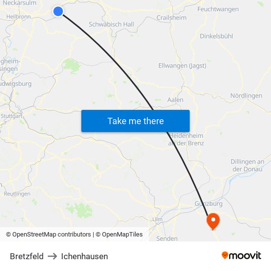 Bretzfeld to Ichenhausen map