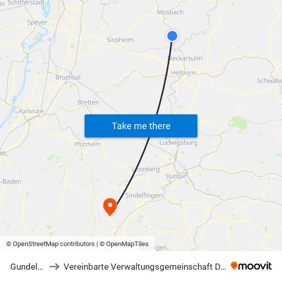Gundelsheim to Vereinbarte Verwaltungsgemeinschaft Der Stadt Herrenberg map