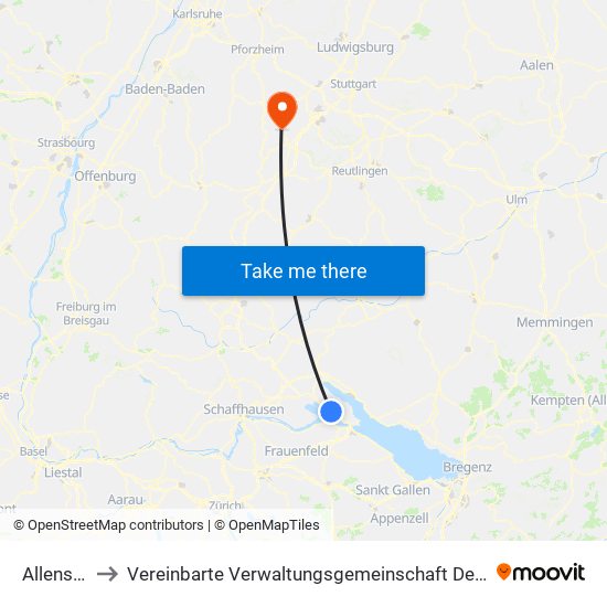 Allensbach to Vereinbarte Verwaltungsgemeinschaft Der Stadt Herrenberg map