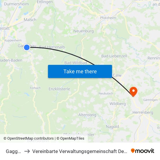 Gaggenau to Vereinbarte Verwaltungsgemeinschaft Der Stadt Herrenberg map